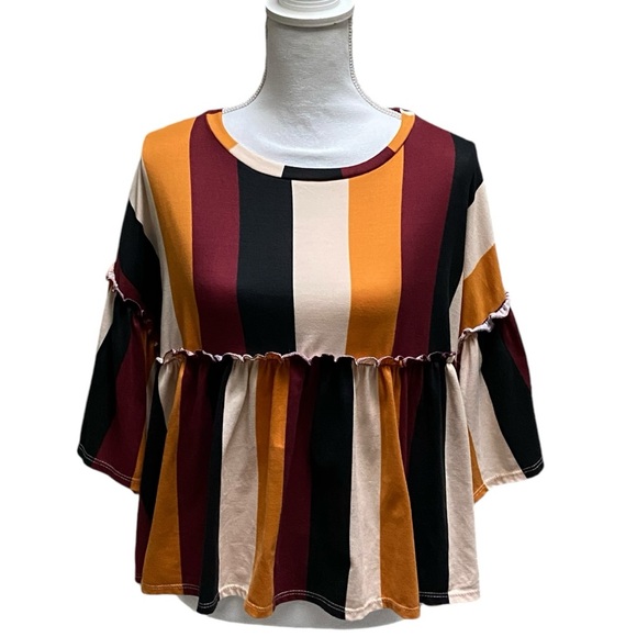 Women’s Vine & Love Vertical Stripe Flair Sleeve Oversized‎ Babydoll Top - Picture 3 of 9